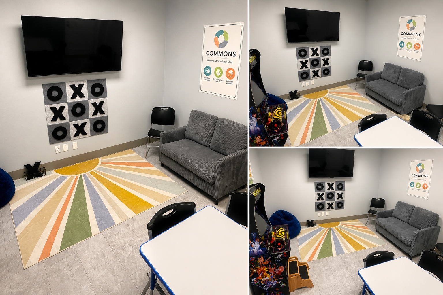 Commons room — social skills space with a wall-mounted TV, tic-tac-toe felt wall art, sunburst rug, and gray loveseat