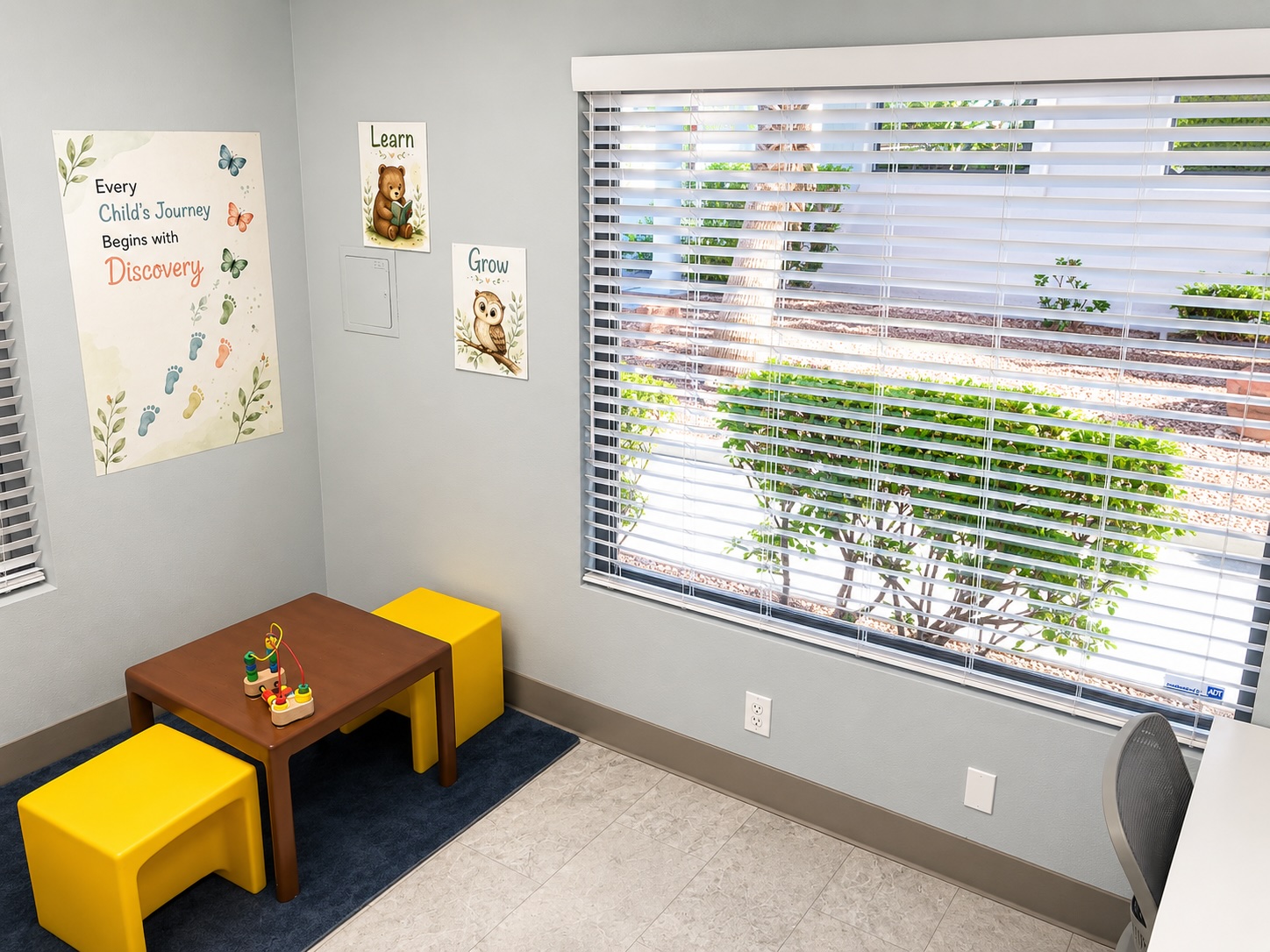 Discovery assessment room at Therapy Colab — a bright, private space with a child-height table and large window