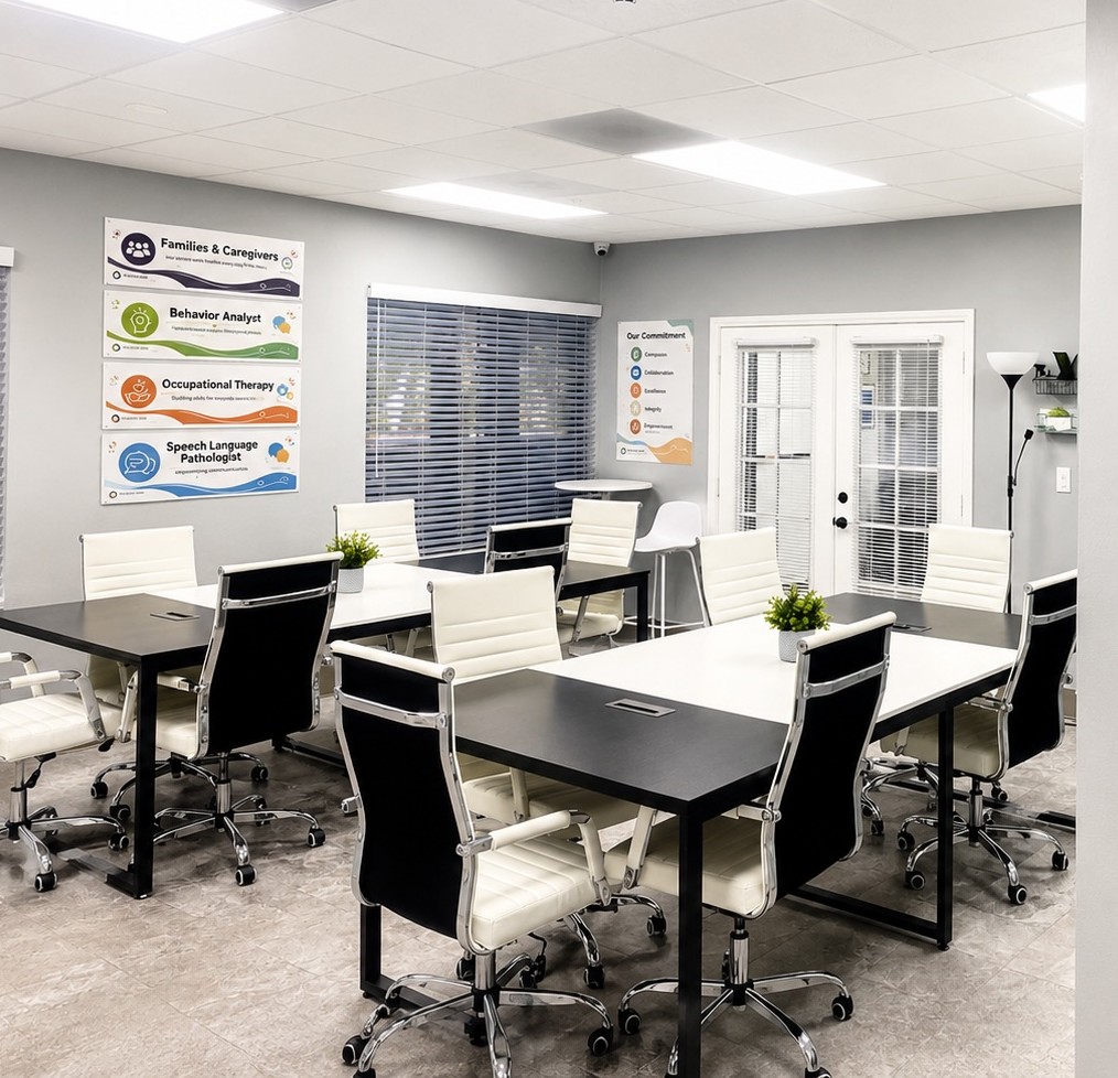 Forum conference and training room at Therapy Colab — modular tables and seating for a group