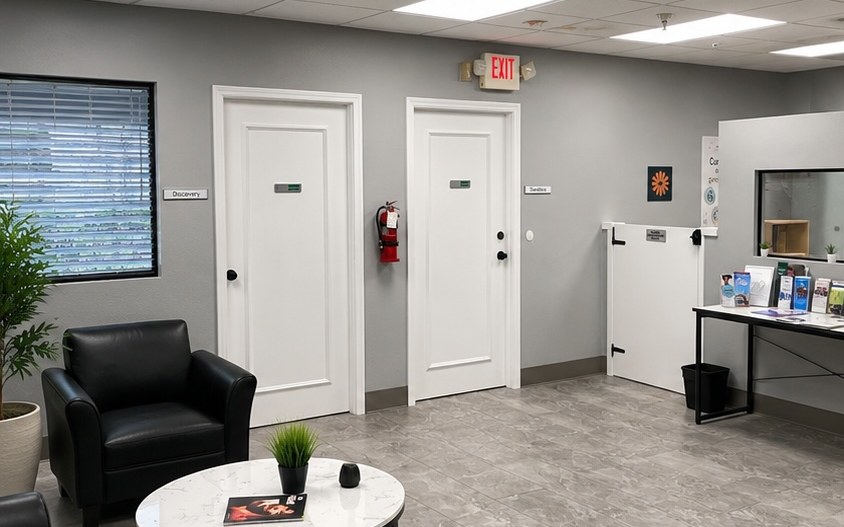 Therapy Colab reception — a welcoming waiting area with seating and natural light