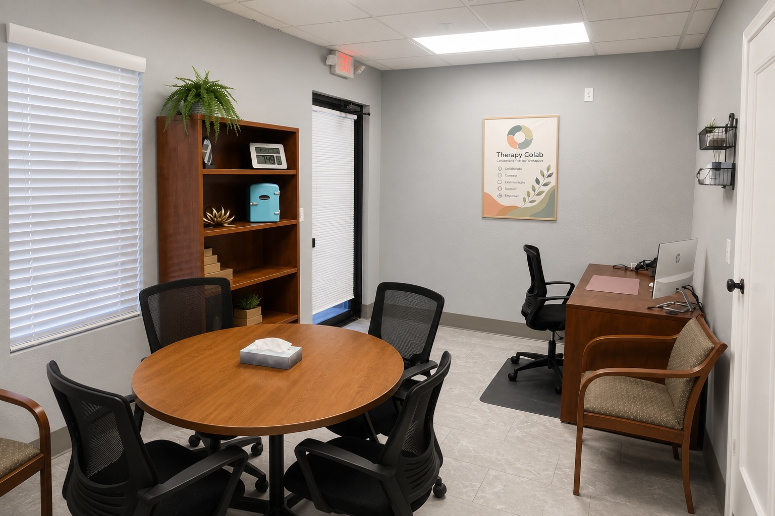 Roundtable room — private office with a round meeting table, desk workstation, and bookshelf