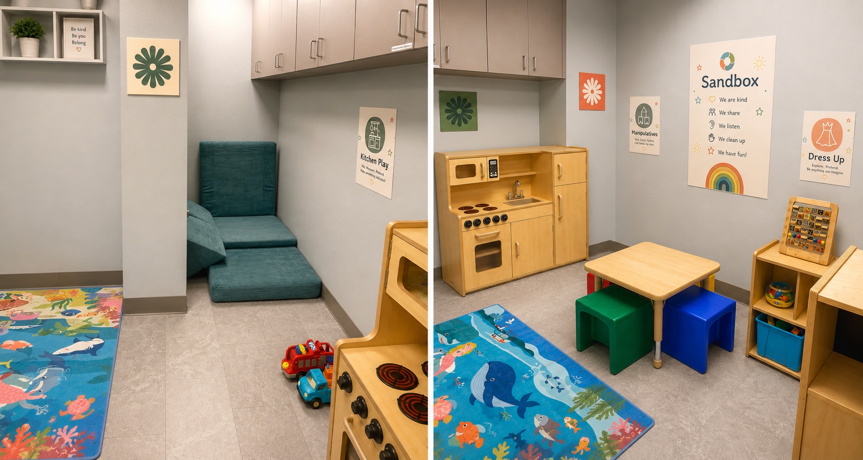 Sandbox room — play space with a play kitchen, ocean rug, and children's activity area